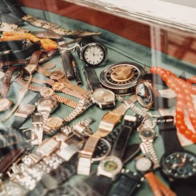 Assorted vintage watches showcased in a glass display cabinet, Ankara, Türkiye.