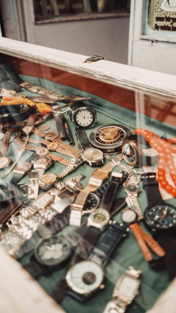Assorted vintage watches showcased in a glass display cabinet, Ankara, Türkiye.