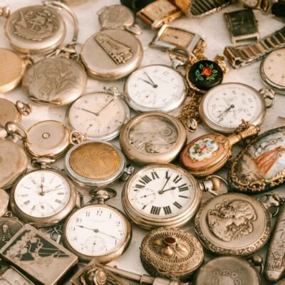 Close-up of an antique watch collection displayed at a market in Sofia, Bulgaria.